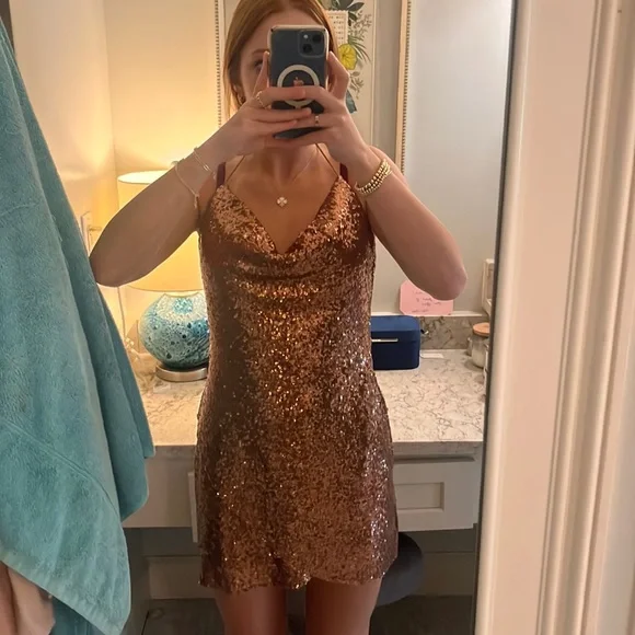 brown sparkly cowl neck slip dress, size xs, brand: here comes the sun